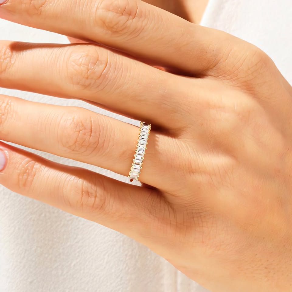 1.05CT Emerald Cut Moissanite Wedding Band In Sterling Silver - 14K Gold Plated