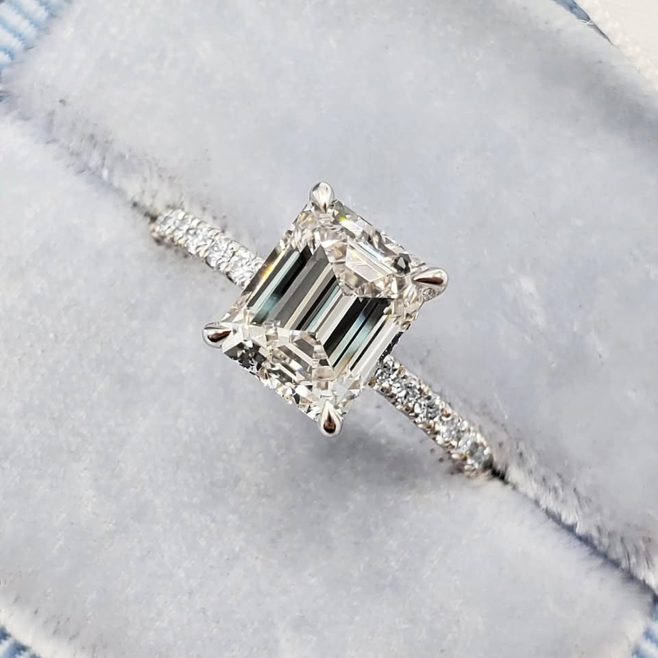 2CT Emerald Cut Moissanite Engagement Ring In Sterling Silver - 14K Gold Plated