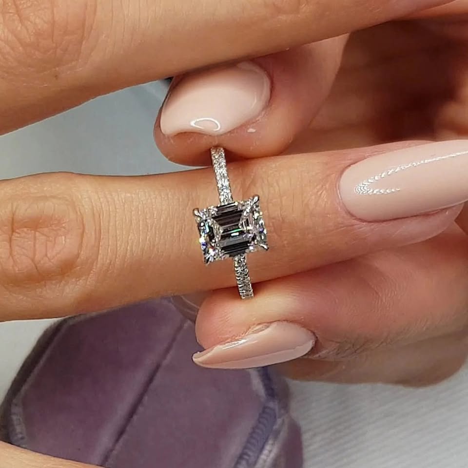 2CT Emerald Cut Moissanite Engagement Ring In Sterling Silver - 14K Gold Plated