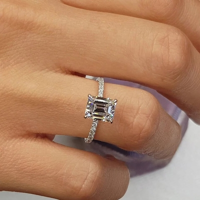 2CT Emerald Cut Moissanite Engagement Ring In Sterling Silver - 14K Gold Plated