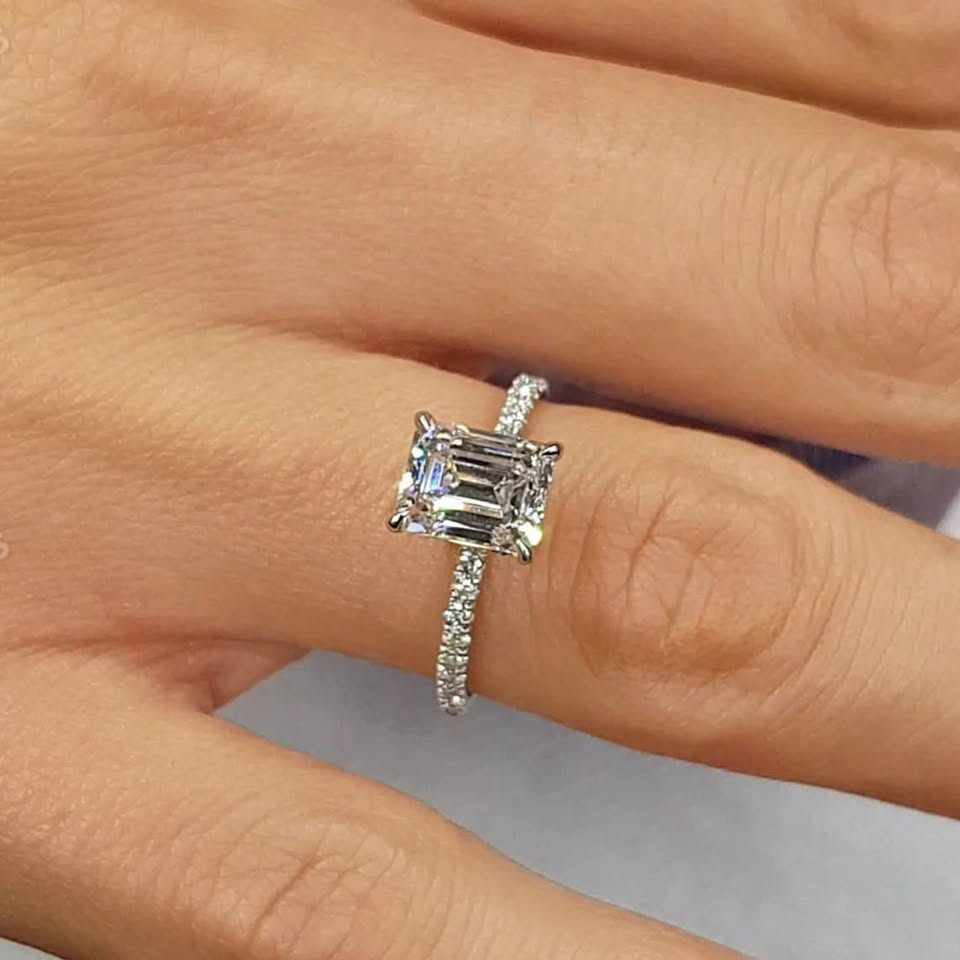 2CT Emerald Cut Moissanite Engagement Ring In Sterling Silver - 14K Gold Plated