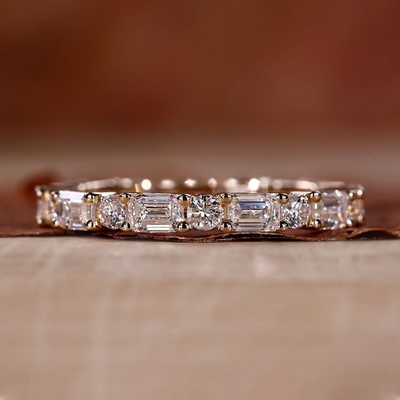 4CT Emerald&Round Cut Moissanite Wedding Band In Sterling Silver - 14K Gold Plated