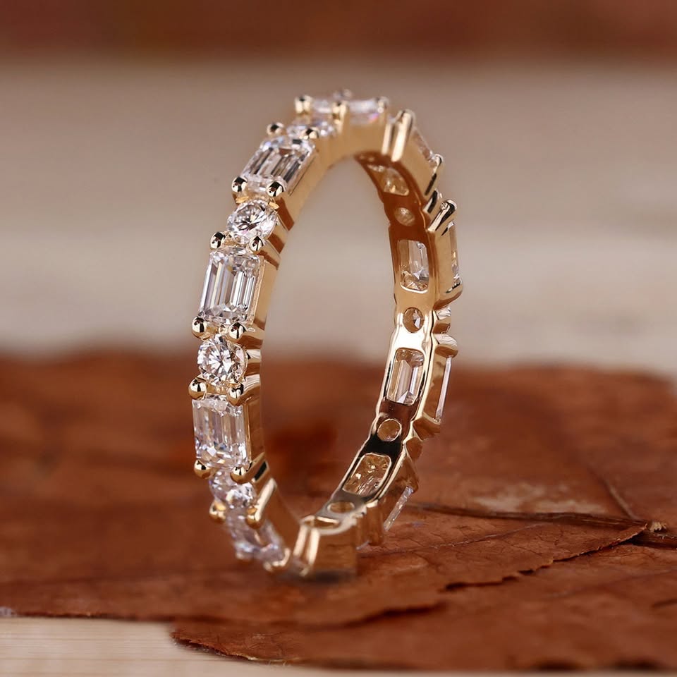 4CT Emerald&Round Cut Moissanite Wedding Band In Sterling Silver - 14K Gold Plated