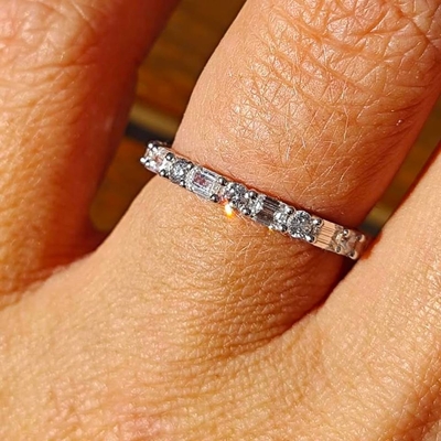 4CT Emerald&Round Cut Moissanite Wedding Band In Sterling Silver - 14K Gold Plated