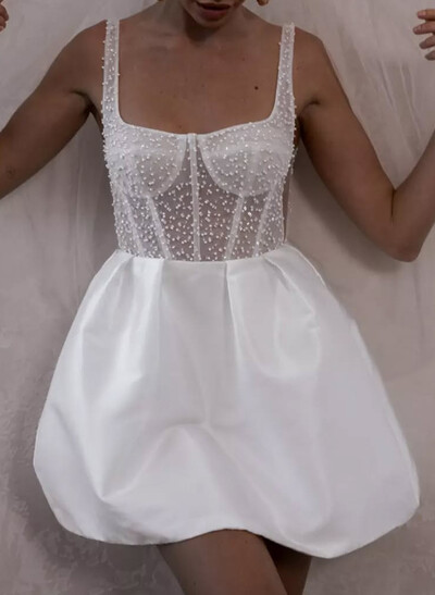 Lace Illusion Corset Square Neckline A-Line Short/Mini Satin Wedding Dresses