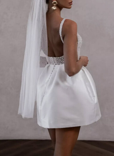 Lace Illusion Corset Square Neckline A-Line Short/Mini Satin Wedding Dresses