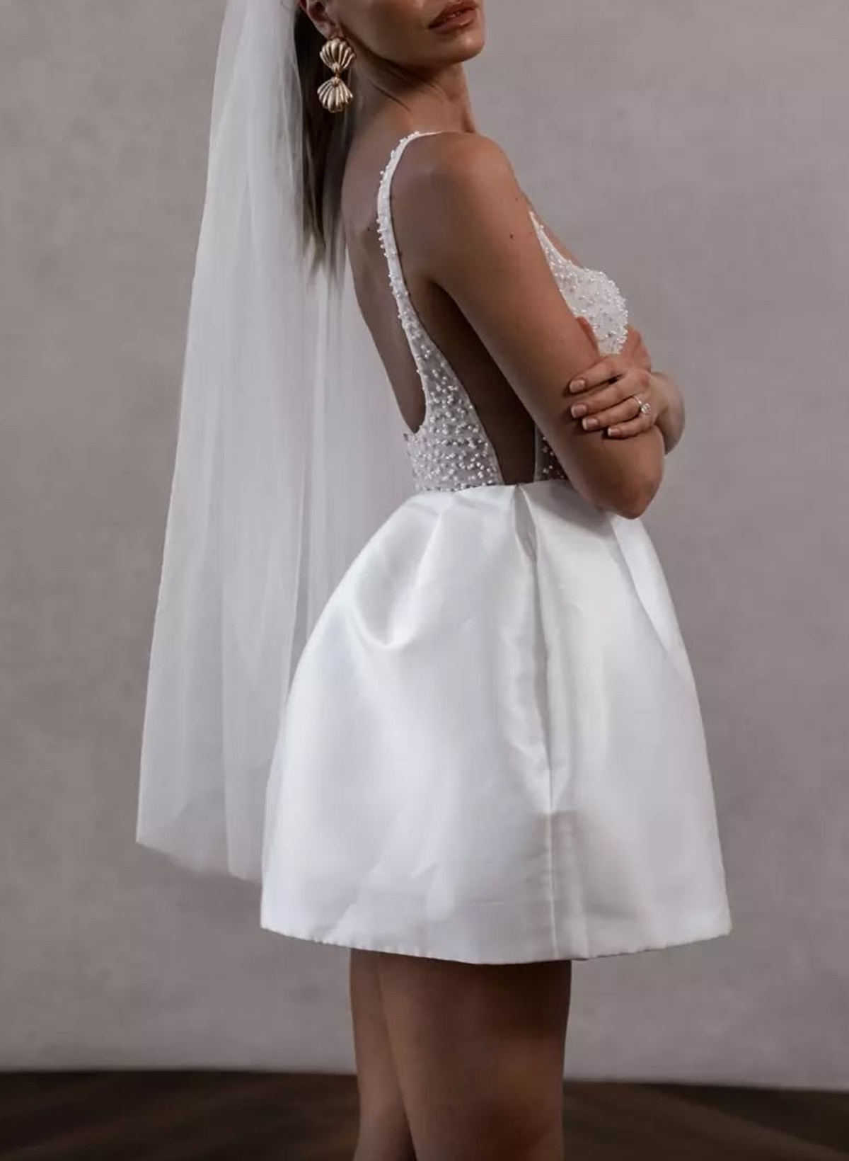 Lace Illusion Corset Square Neckline A-Line Short/Mini Satin Wedding Dresses