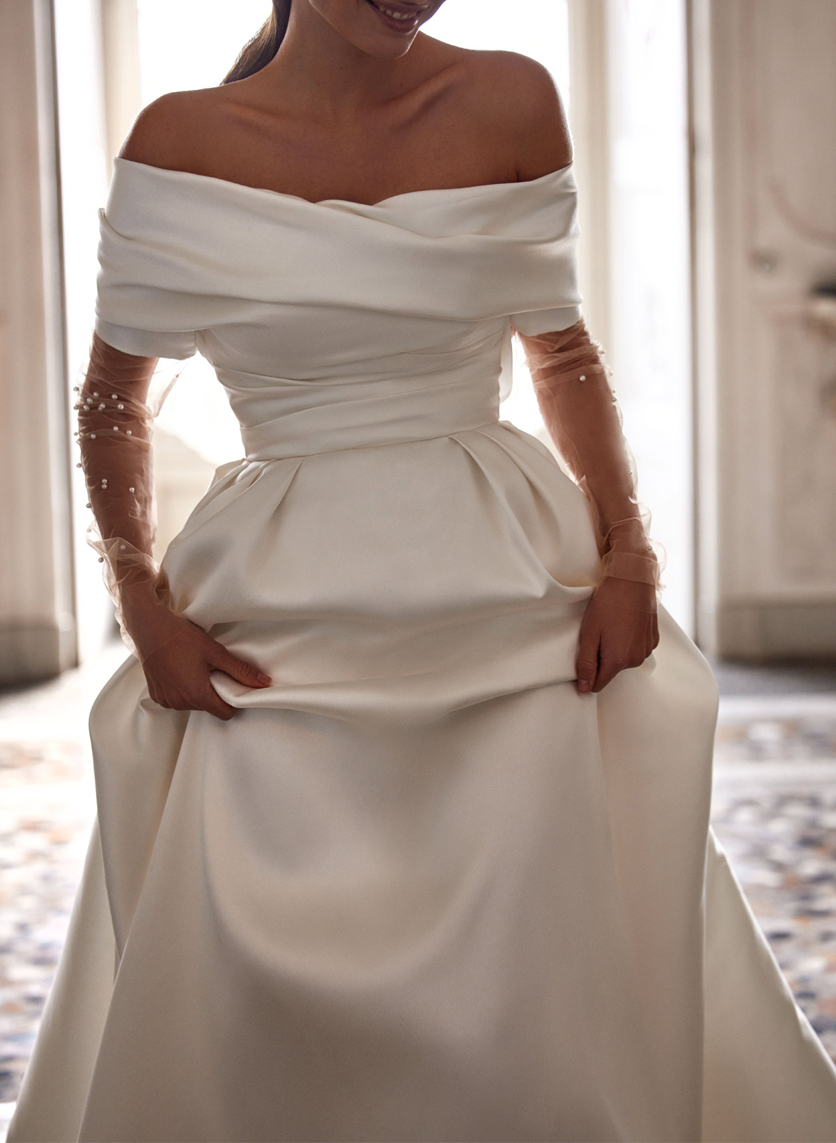 Elegant Off-The-Shoulder Detachable Sleeves A-Line Court Train Matte Satin Wedding Dresses With Beading