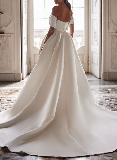 Elegant Off-The-Shoulder Detachable Sleeves A-Line Court Train Matte Satin Wedding Dresses With Beading
