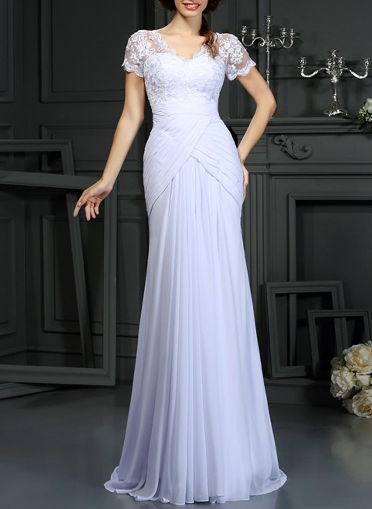 Elegant Lace V-Neck Short Sleeves Pleated Mermaid Sweep Train Chiffon Wedding Dresses