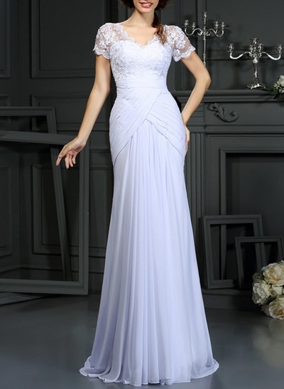 Elegant Lace V-Neck Short Sleeves Pleated Mermaid Sweep Train Chiffon Wedding Dresses
