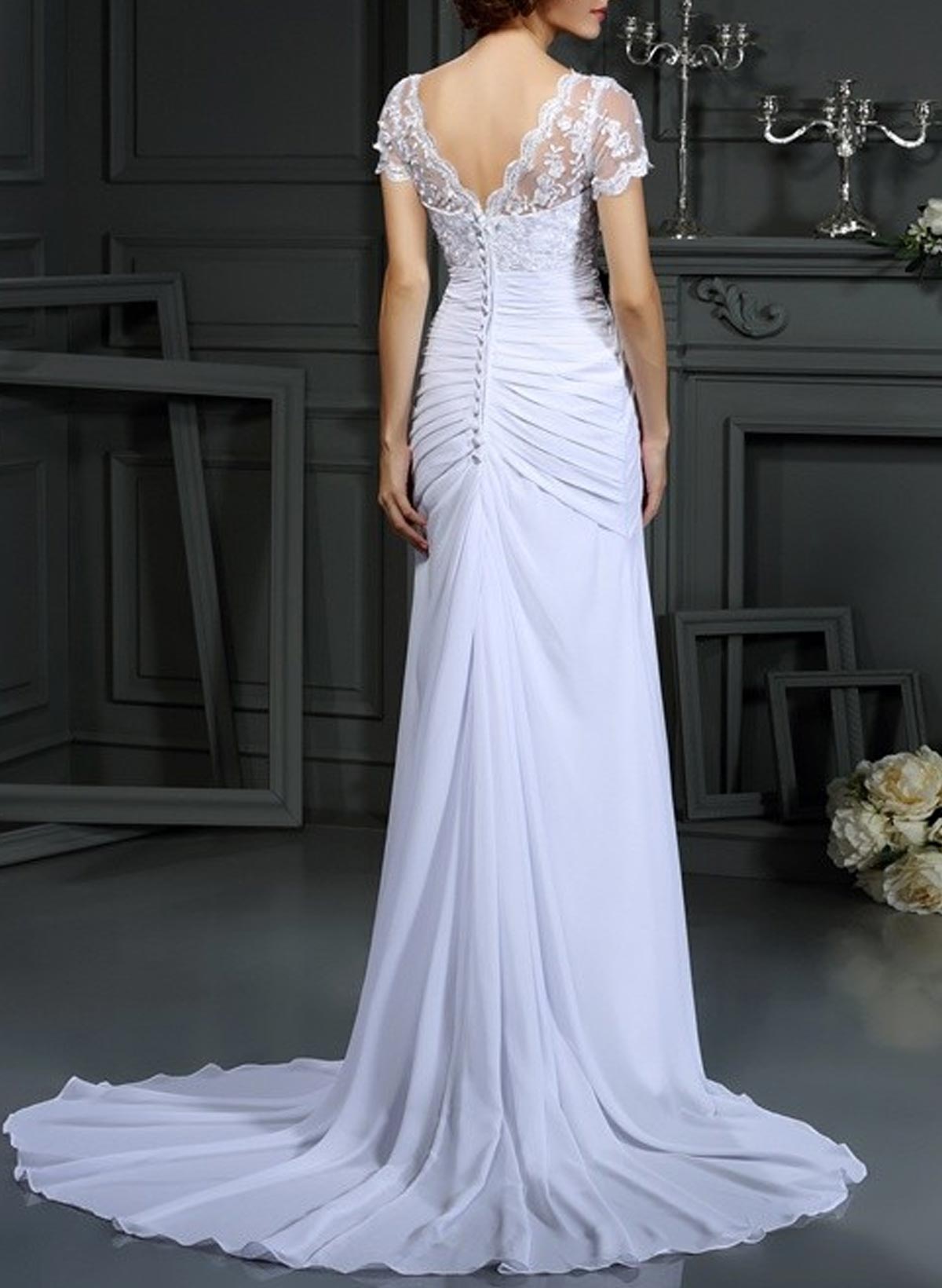 Elegant Lace V-Neck Short Sleeves Pleated Mermaid Sweep Train Chiffon Wedding Dresses
