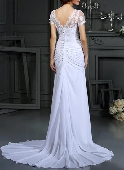 Elegant Lace V-Neck Short Sleeves Pleated Mermaid Sweep Train Chiffon Wedding Dresses