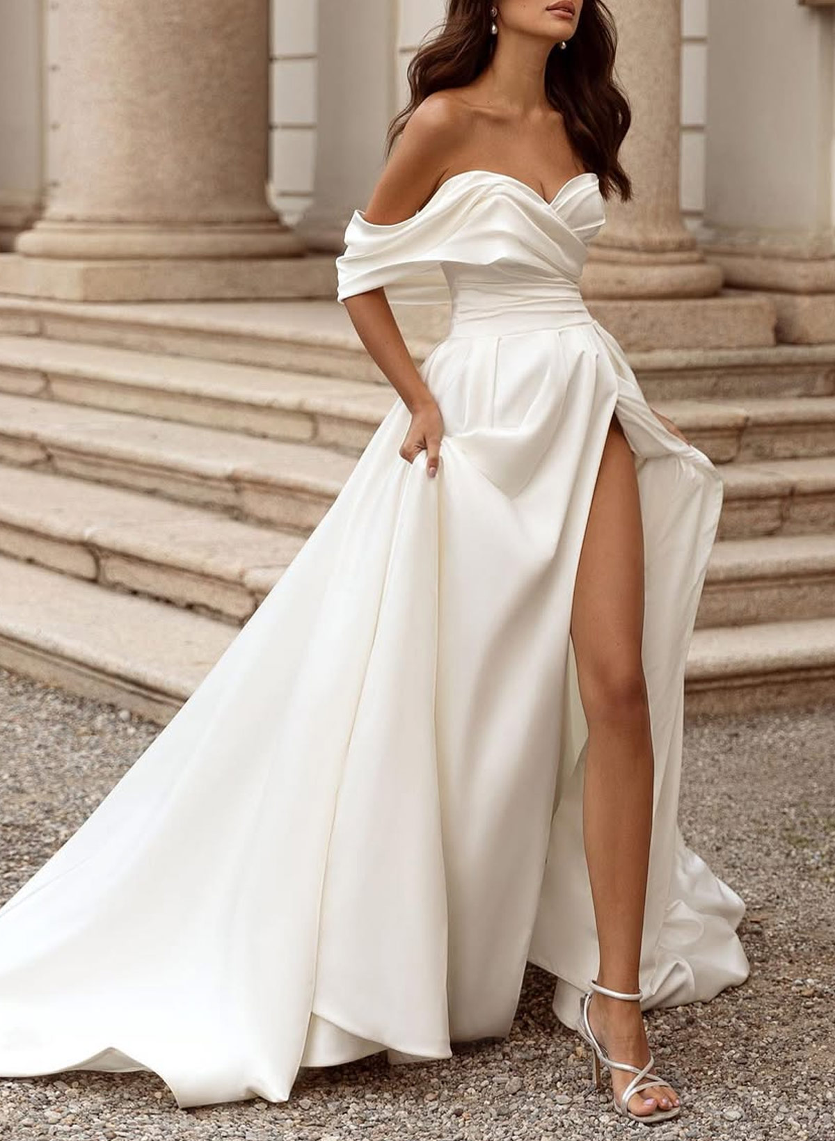 Elegant Bow(s) Off-The-Shoulder High Split A-Line Court Train Matte Satin Wedding Dresses