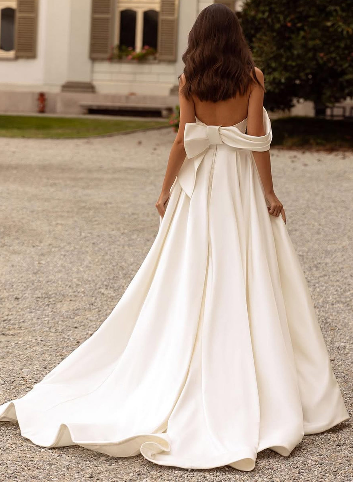Elegant Bow(s) Off-The-Shoulder High Split A-Line Court Train Matte Satin Wedding Dresses