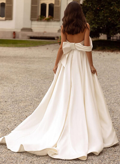 Elegant Bow(s) Off-The-Shoulder High Split A-Line Court Train Matte Satin Wedding Dresses