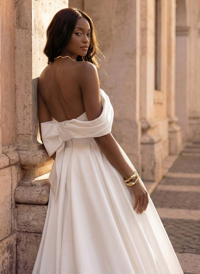 Elegant Bow(s) Off-The-Shoulder High Split A-Line Court Train Matte Satin Wedding Dresses