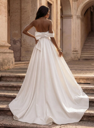 Elegant Bow(s) Off-The-Shoulder High Split A-Line Court Train Matte Satin Wedding Dresses