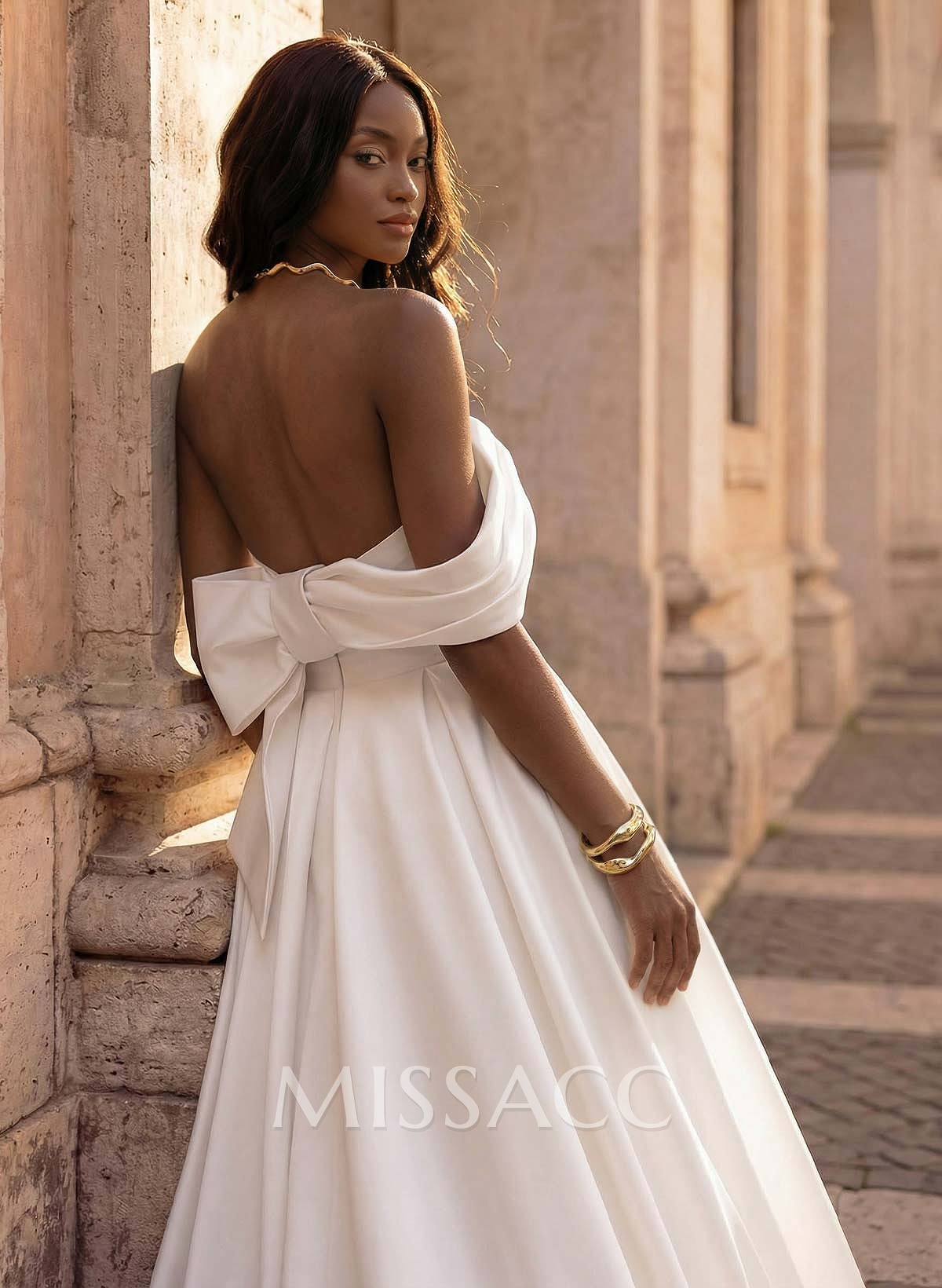 Elegant Bow(s) Off-The-Shoulder High Split A-Line Court Train Matte Satin Wedding Dresses
