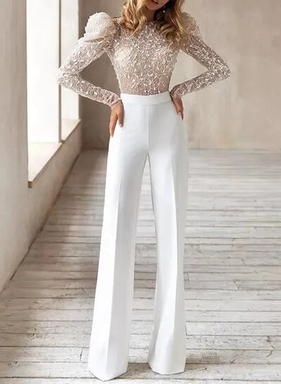 Elegant Scoop Neck Back Hole Long Sleeves Floor-Length Lace Wedding Pantsuit