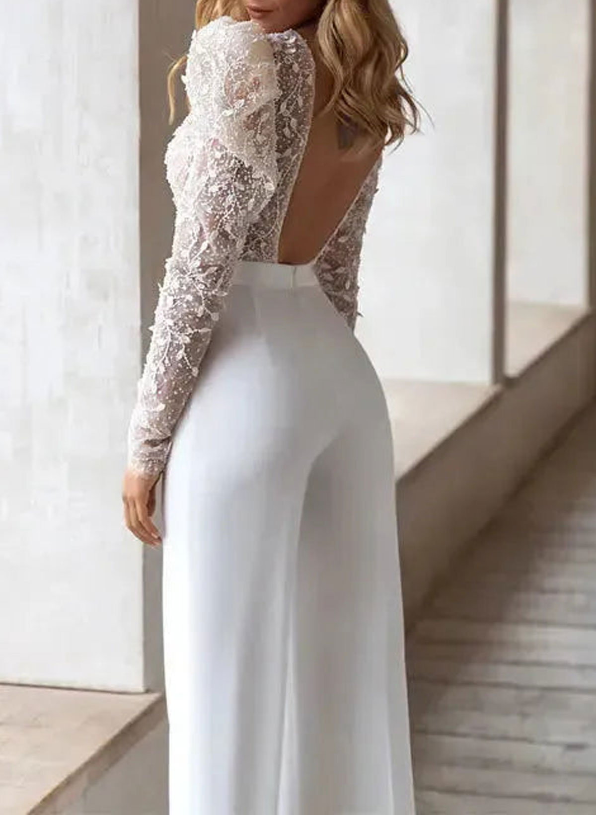 Elegant Scoop Neck Back Hole Long Sleeves Floor-Length Lace Wedding Pantsuit