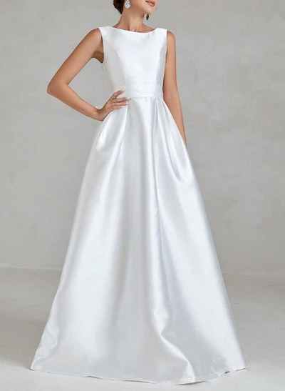 Elegant Scoop Neck Sleeveless A-Line Floor-Length Satin Wedding Dresses With Bow(s)