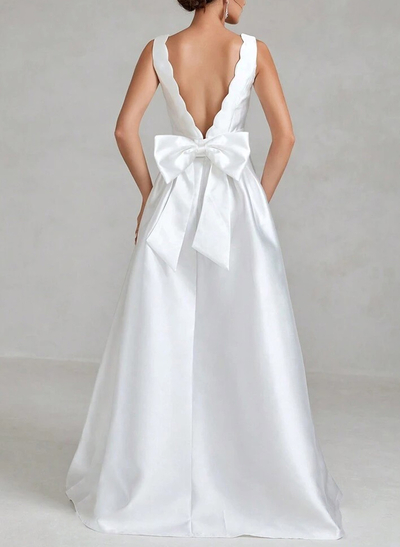Elegant Scoop Neck Sleeveless A-Line Floor-Length Satin Wedding Dresses With Bow(s)