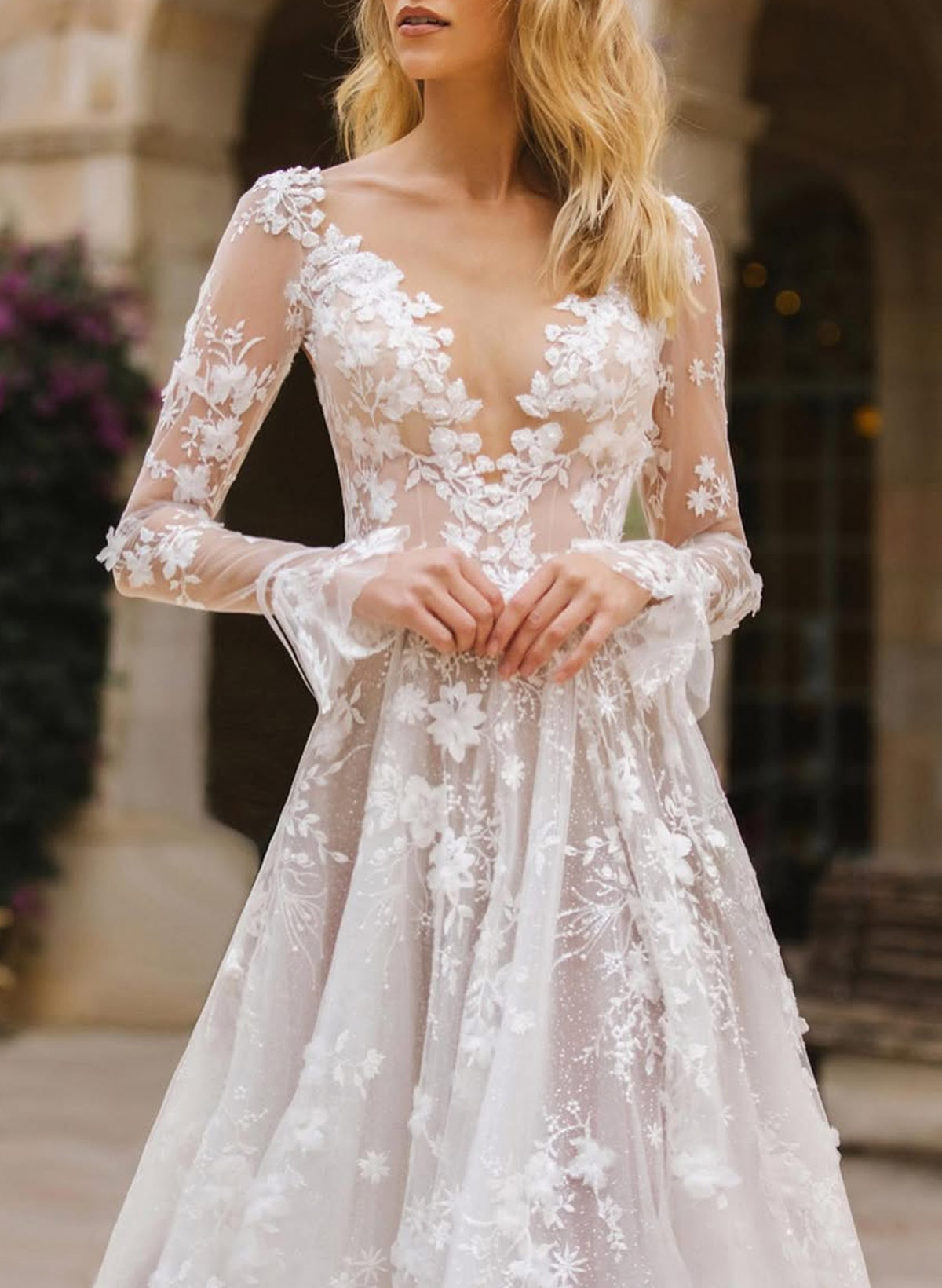 Elegant Illusion Neck Long Sleeves A-Line Sweep Train Lace/Tulle Wedding Dresses