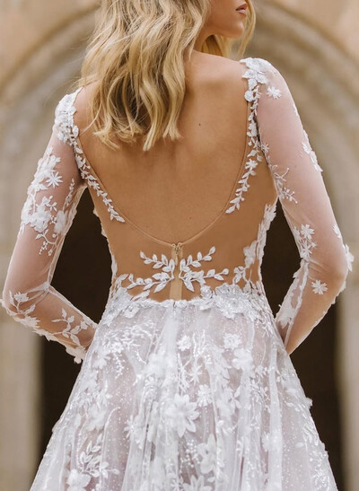 Elegant Illusion Neck Long Sleeves A-Line Sweep Train Lace/Tulle Wedding Dresses