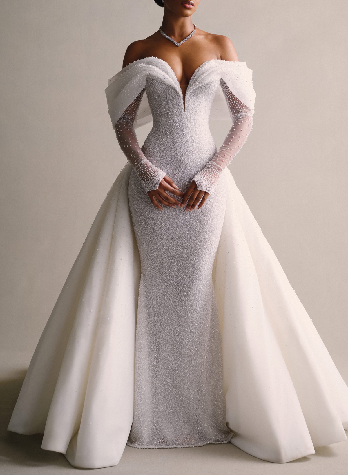 Luxury Off-The-Shoulder Long Sleeves Detachable Overskirt Mermaid Sequined Wedding Dresses