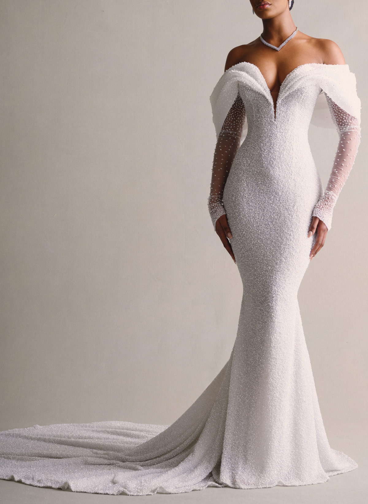 Luxury Off-The-Shoulder Long Sleeves Detachable Overskirt Mermaid Sequined Wedding Dresses