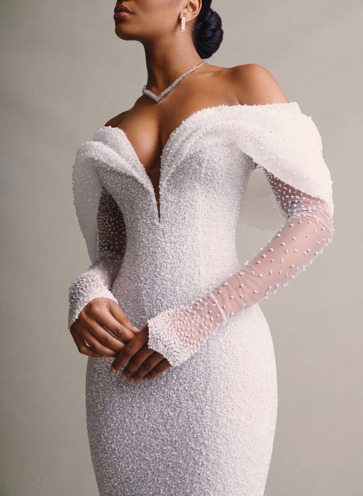Luxury Off-The-Shoulder Long Sleeves Detachable Overskirt Mermaid Sequined Wedding Dresses