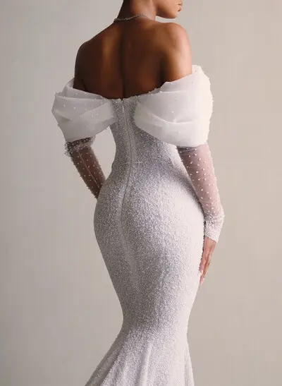 Luxury Off-The-Shoulder Long Sleeves Detachable Overskirt Mermaid Sequined Wedding Dresses