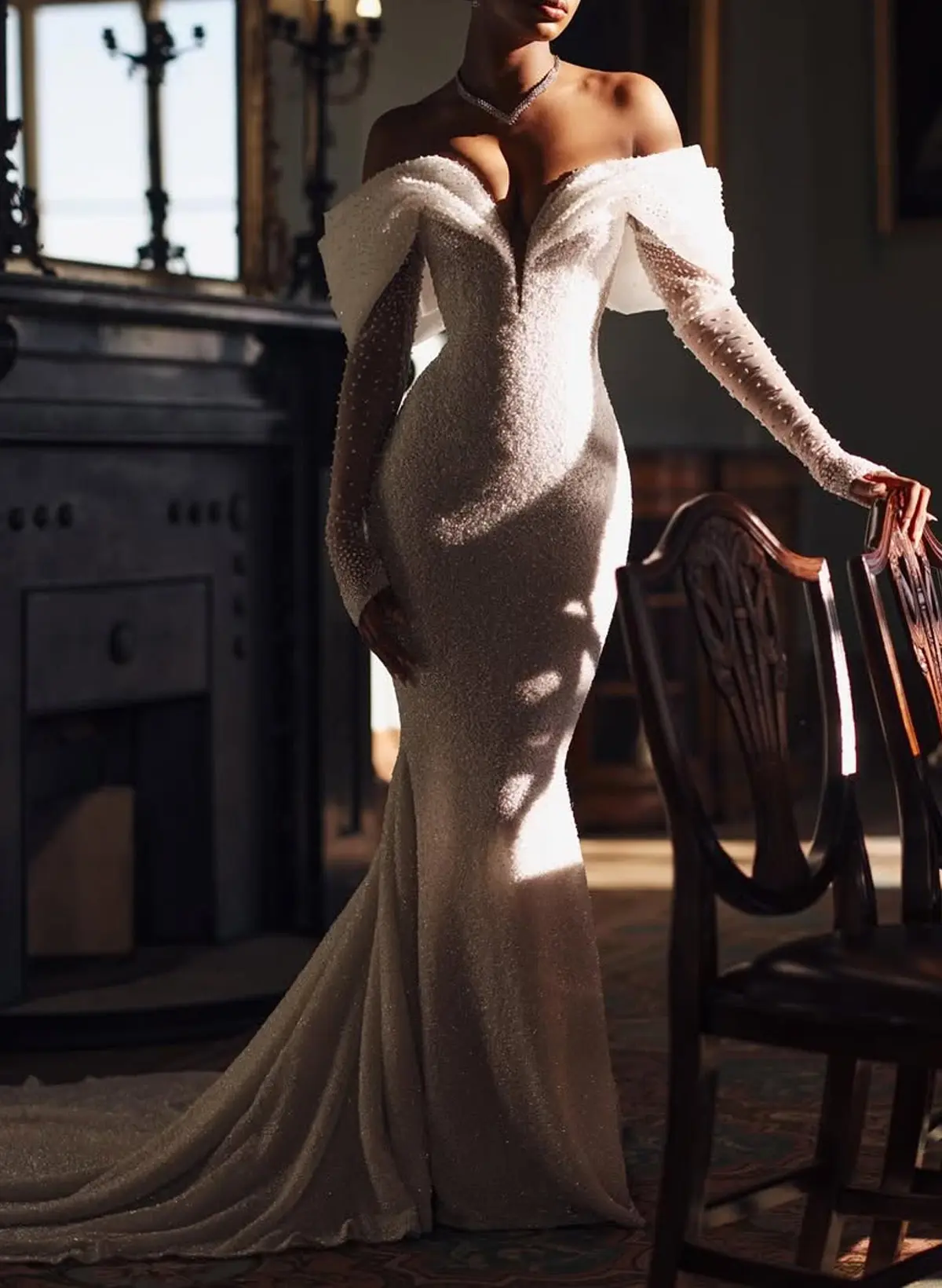 Luxury Off-The-Shoulder Long Sleeves Detachable Overskirt Mermaid Sequined Wedding Dresses