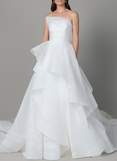 Elegant Strapless Sleeveless A-Line Cascading Ruffles Sweep Train Organza Wedding Dresses