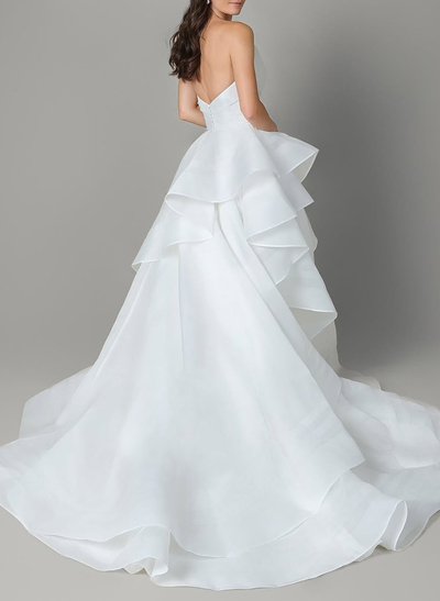 Elegant Strapless Sleeveless A-Line Cascading Ruffles Sweep Train Organza Wedding Dresses