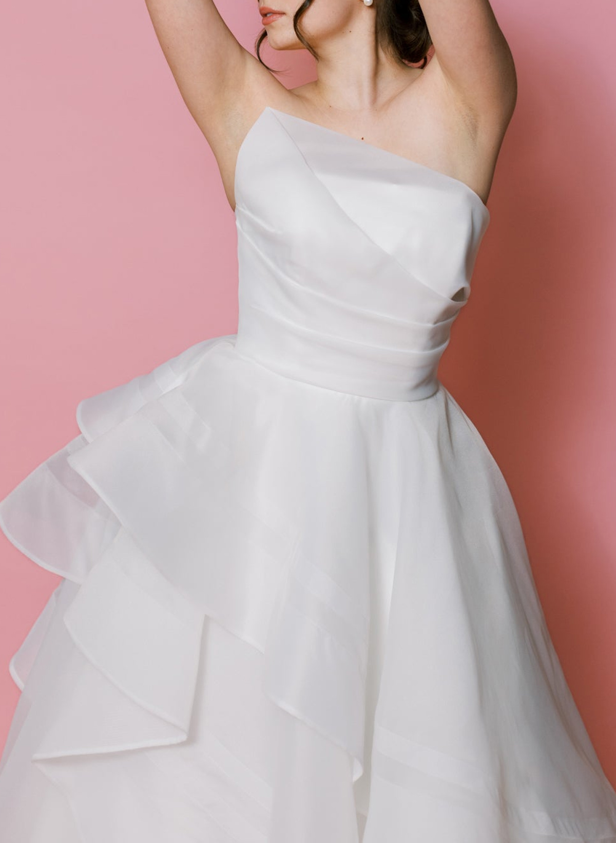 Elegant Strapless Sleeveless A-Line Cascading Ruffles Sweep Train Organza Wedding Dresses