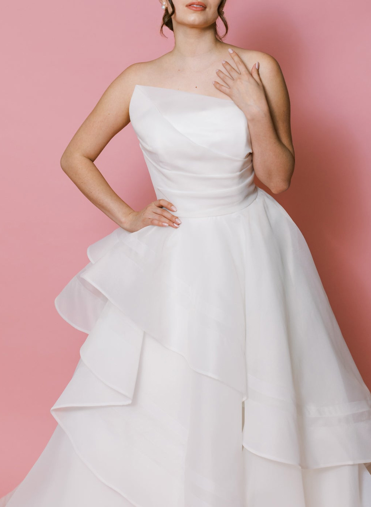 Elegant Strapless Sleeveless A-Line Cascading Ruffles Sweep Train Organza Wedding Dresses