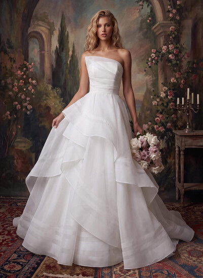 Elegant Strapless Sleeveless A-Line Cascading Ruffles Sweep Train Organza Wedding Dresses