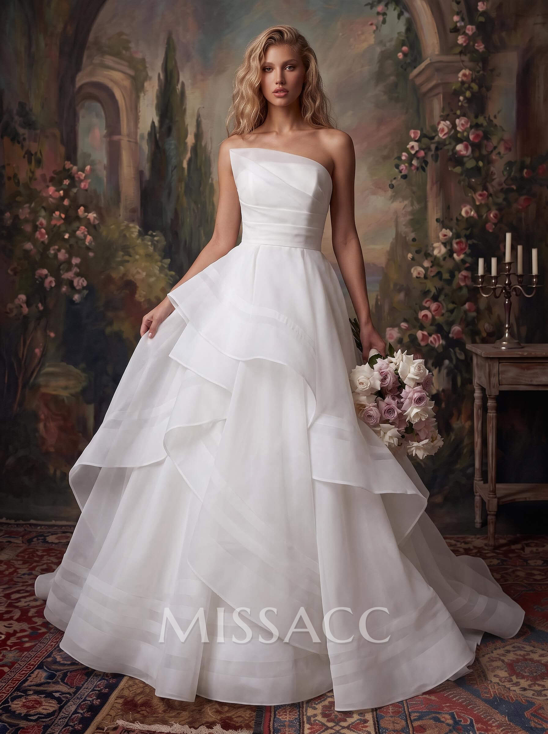 Elegant Strapless Sleeveless A-Line Cascading Ruffles Sweep Train Organza Wedding Dresses