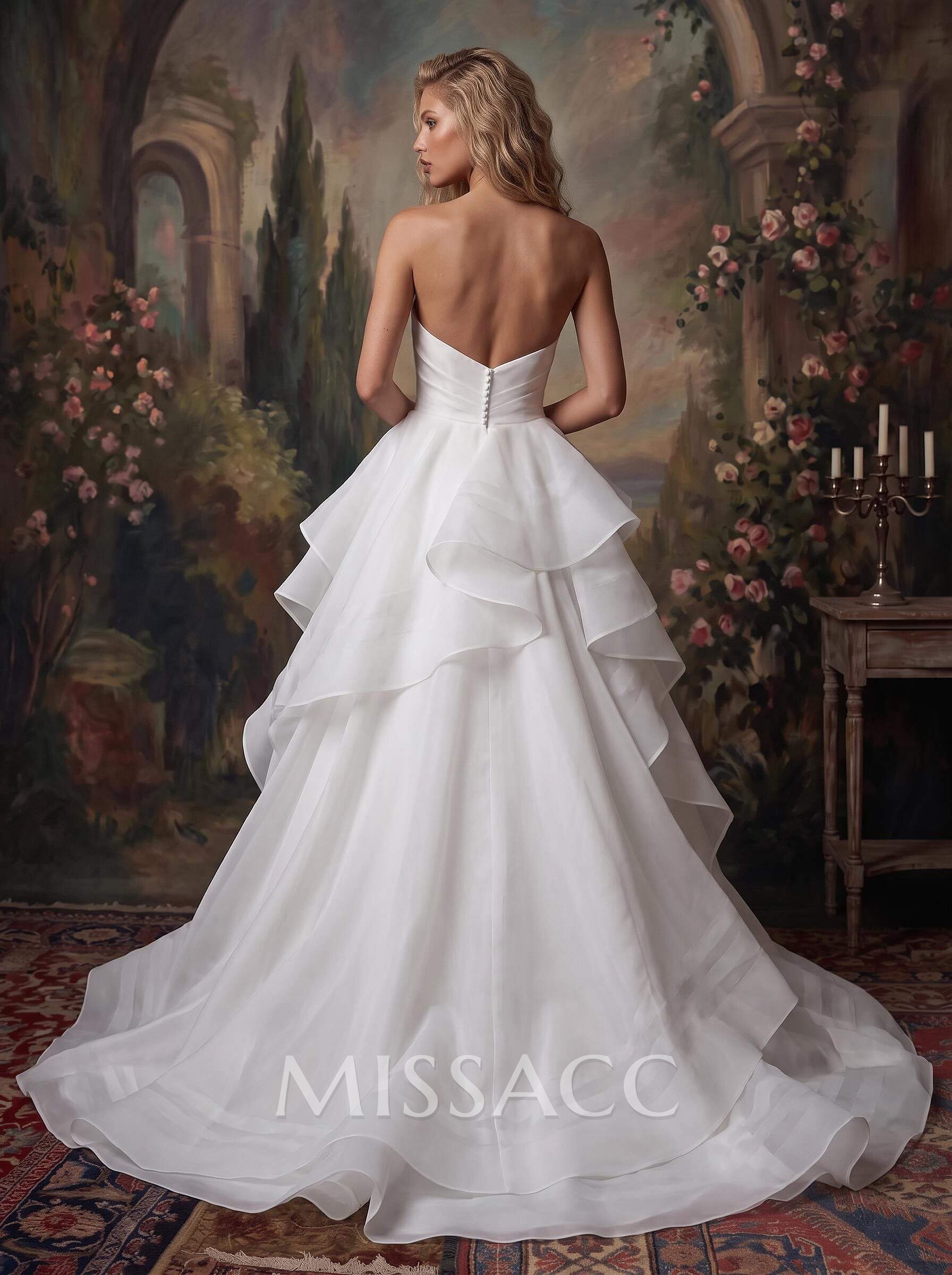 Elegant Strapless Sleeveless A-Line Cascading Ruffles Sweep Train Organza Wedding Dresses