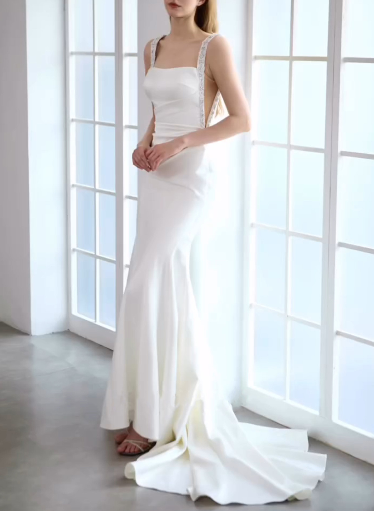 Elegant Square Neckline Beading Regular Straps Mermaid Sweep Train Italian Satin Wedding Dresses