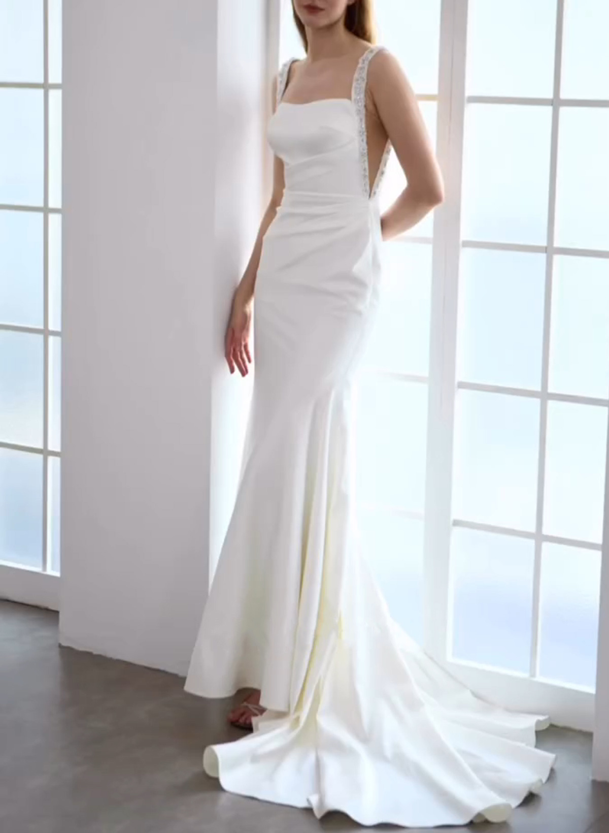 Elegant Square Neckline Beading Regular Straps Mermaid Sweep Train Italian Satin Wedding Dresses