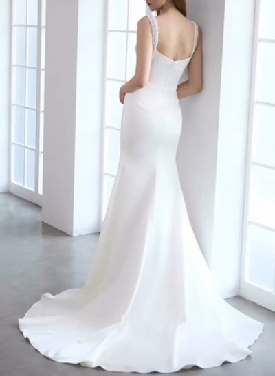 Elegant Square Neckline Beading Regular Straps Mermaid Sweep Train Italian Satin Wedding Dresses