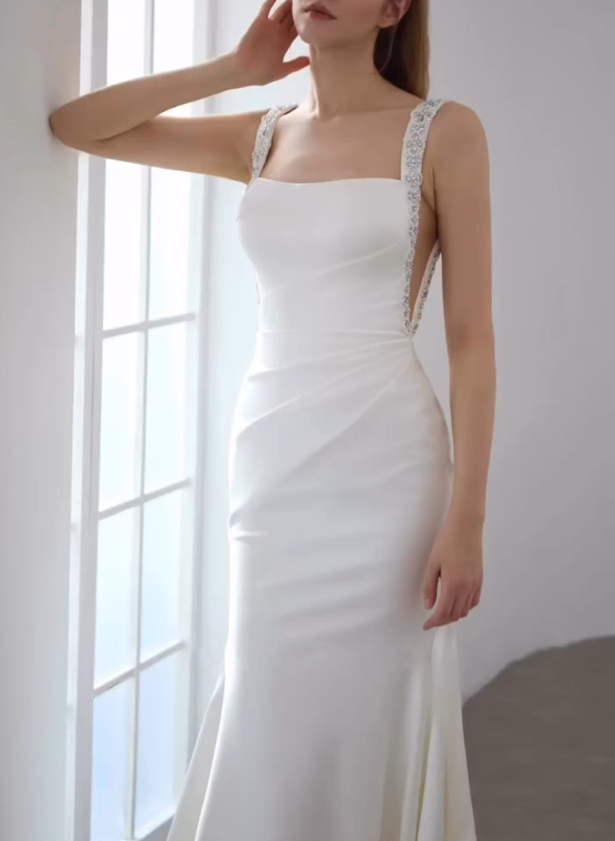 Elegant Square Neckline Beading Regular Straps Mermaid Sweep Train Italian Satin Wedding Dresses