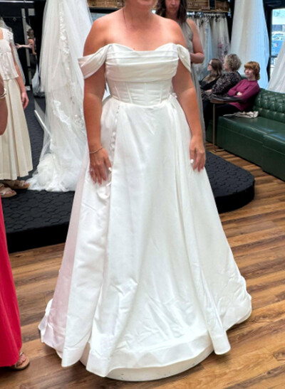 Elegant Off-The-Shoulder Sleeveless High Split A-Line Court Train Satin Wedding Dresses