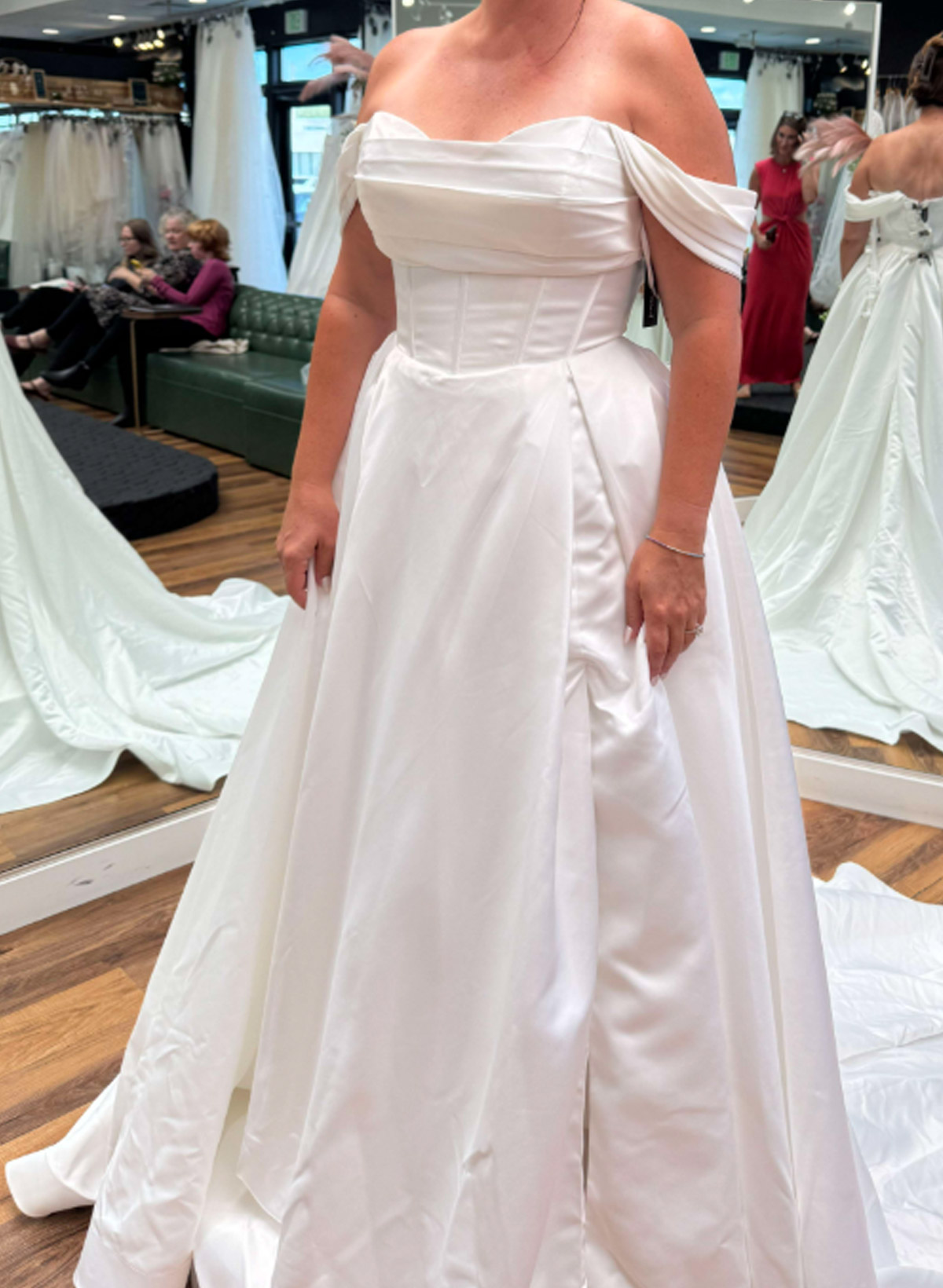 Elegant Off-The-Shoulder Sleeveless High Split A-Line Court Train Satin Wedding Dresses
