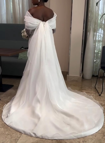 Elegant Off-The-Shoulder Beading Long Sleeves Mermaid Court Train Organza Wedding Dresses