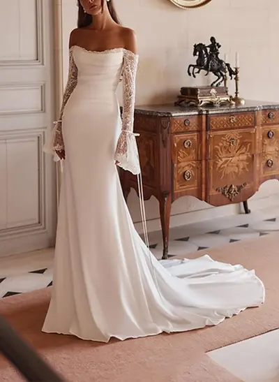 Trumpet/Mermaid Off-The-Shoulder Long Sleeves Chapel Train Stretch Chiffon Wedding Dresses With Lace