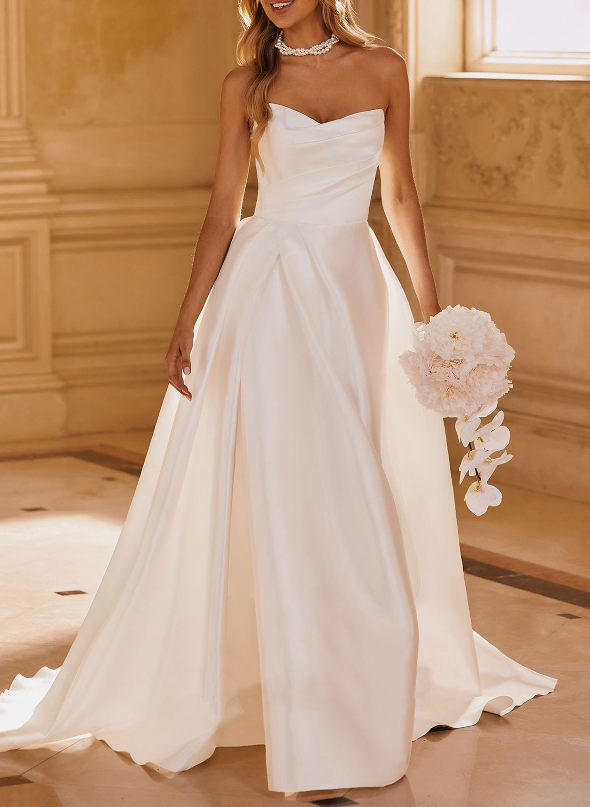 Elegant Sweetheart A-Line Sweep Train Matte Satin Wedding Dresses With High Split